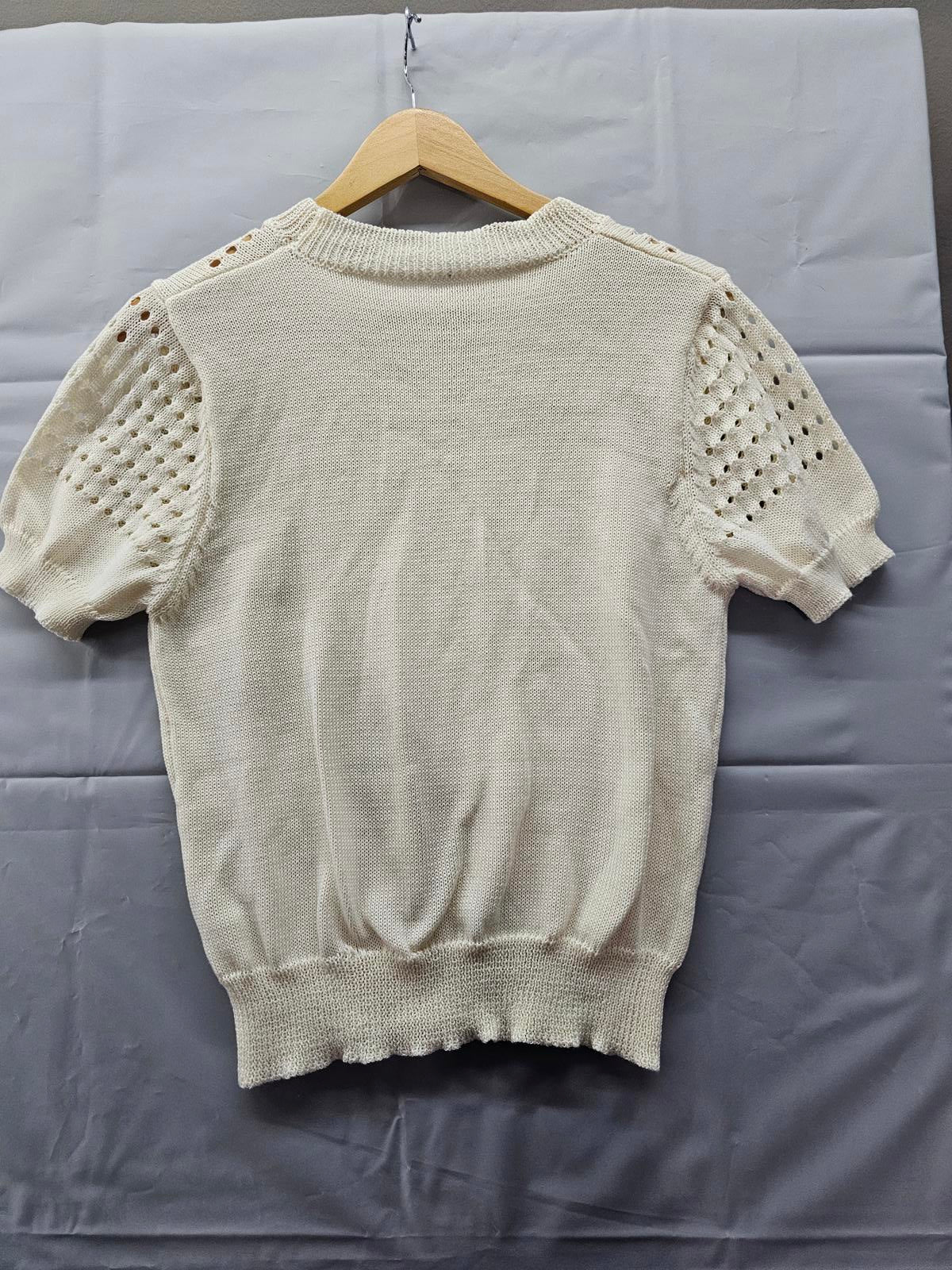 Cream Short Sleeve Pointelle Knit Sweater Top Lightweight Pullover Women's Small