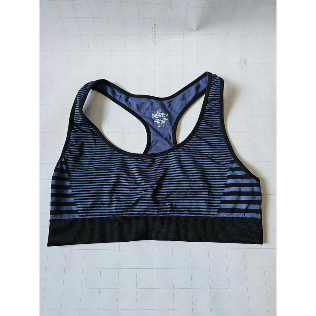 Spalding Womens Sports Bra XL Blue Black Striped Racerback Activewear