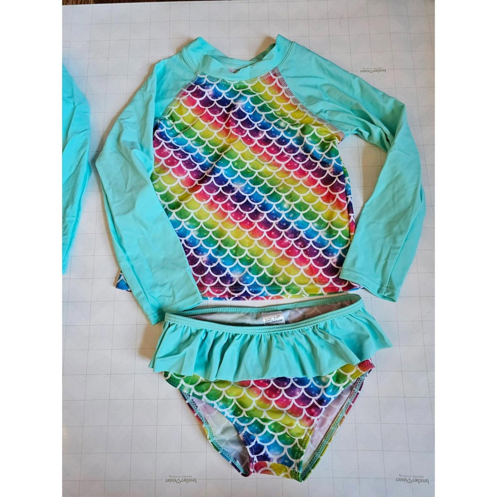Girls Rash Guard Swimsuit Set Rainbow Mermaid Scales Sizes 2T and 3-4