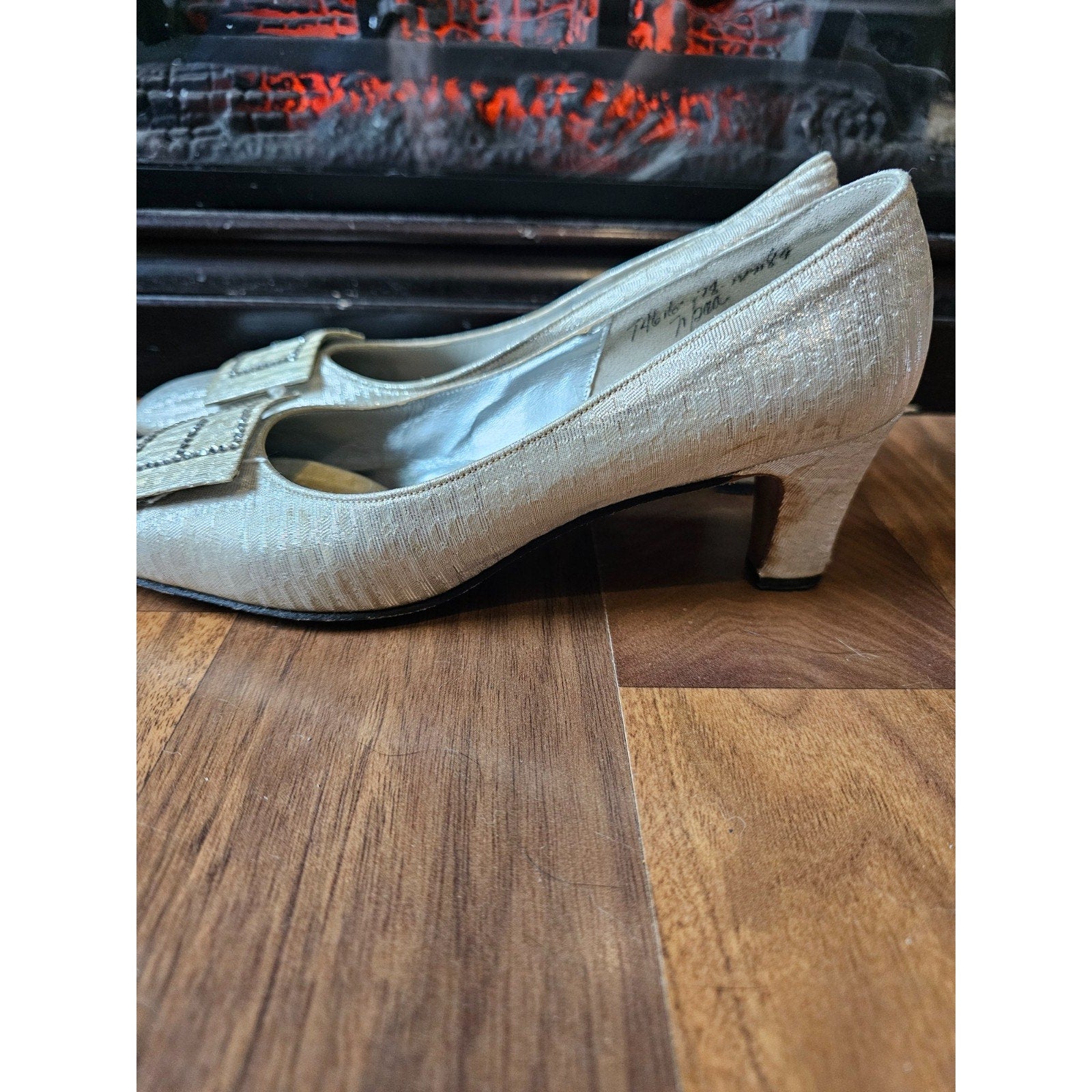 Vintage 1960s John David Denver Wedding Shoes Ivory Rhinestone Buckle Heels 7.5