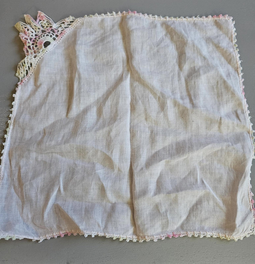 Vintage Handkerchief with Pastel Crochet Lace Trim Handcrafted Linen Hanky