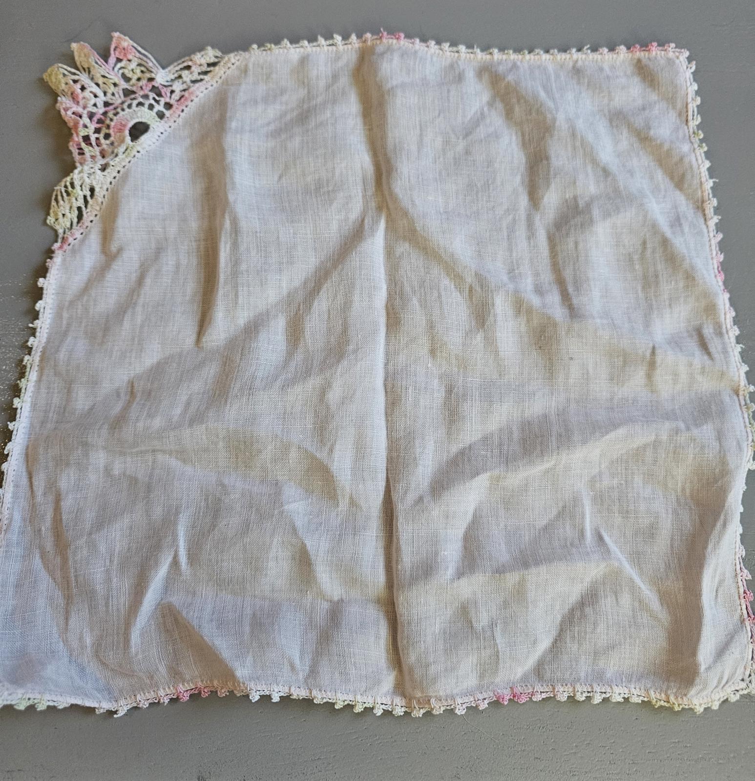 Vintage Handkerchief with Pastel Crochet Lace Trim Handcrafted Linen Hanky