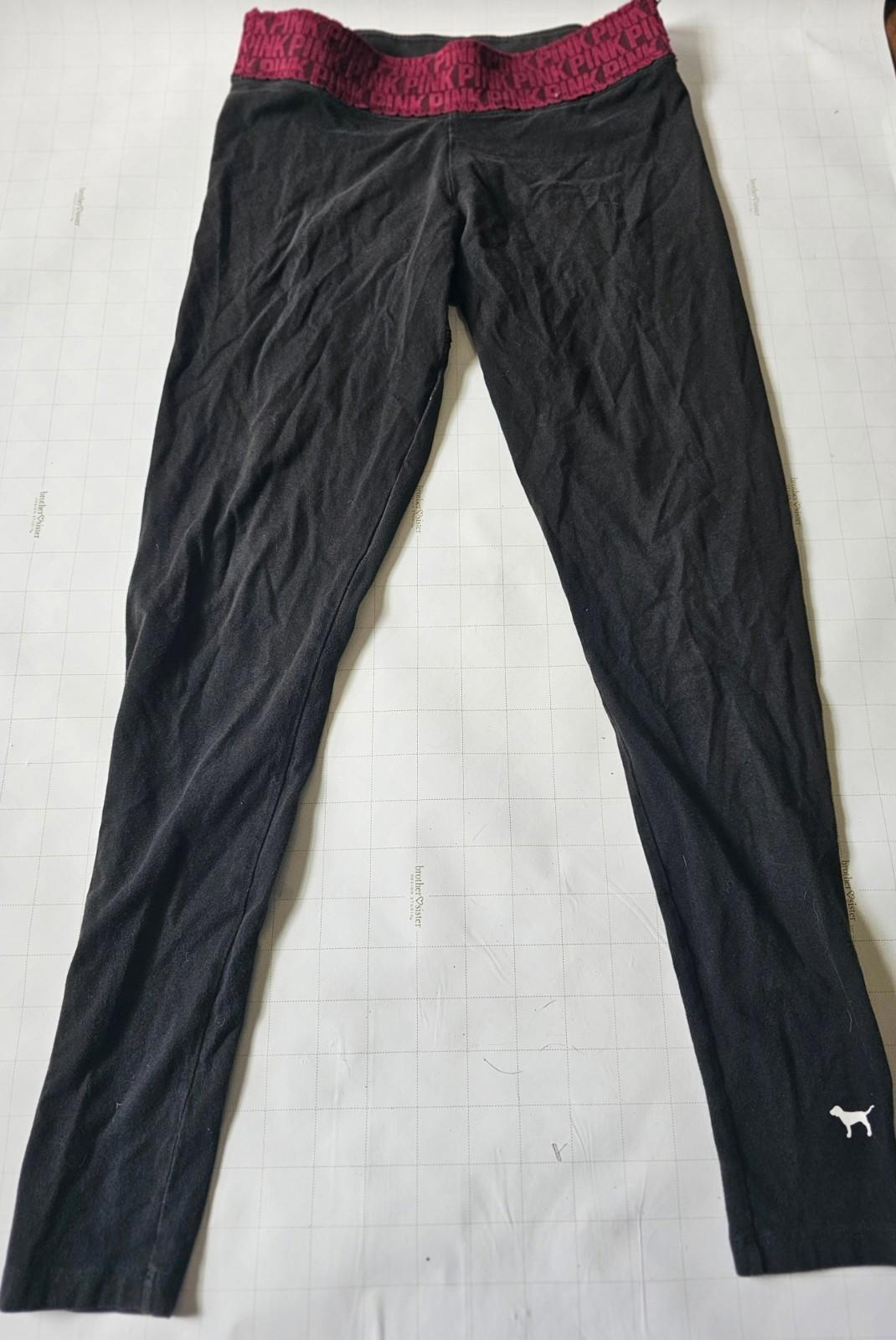 Victoria’s Secret PINK Black Leggings Medium Burgundy Logo Waistband Dog