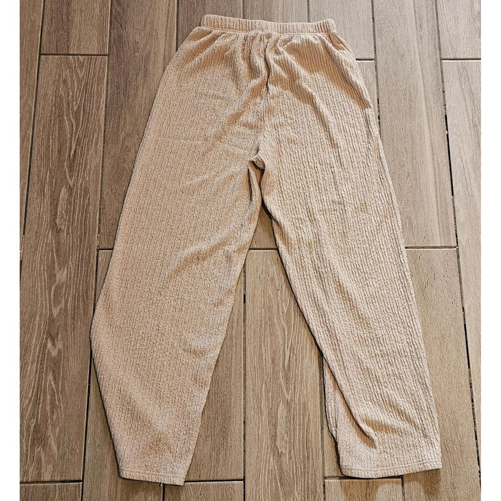 Beige Textured Lounge Pants Large Elastic Waist Relaxed Fit Casual