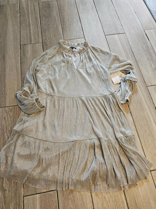 1.STATE Metallic Silver Tiered Long Sleeve Mini Dress – Women’s Large