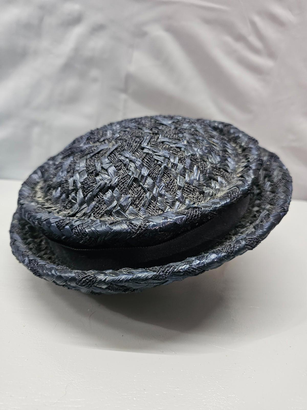 Vintage Russeks Fifth Avenue Navy Straw Hat 1950s Elegant Structured Bri