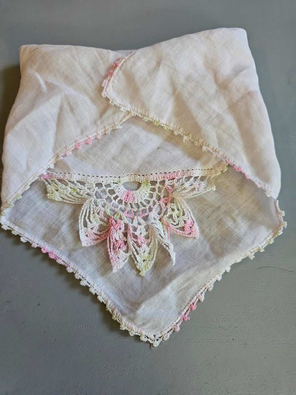 Vintage Handkerchief with Pastel Crochet Lace Trim Handcrafted Linen Hanky