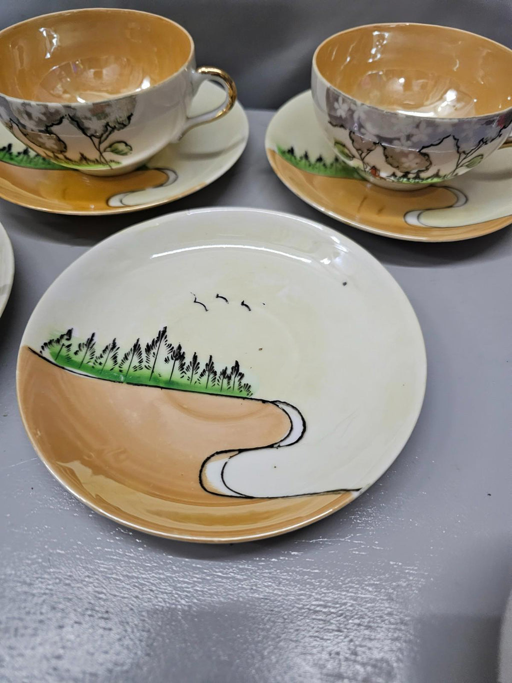 Vintage Hand Painted Japan Teacup Saucer Set of 4 Cottage Scene Nippon