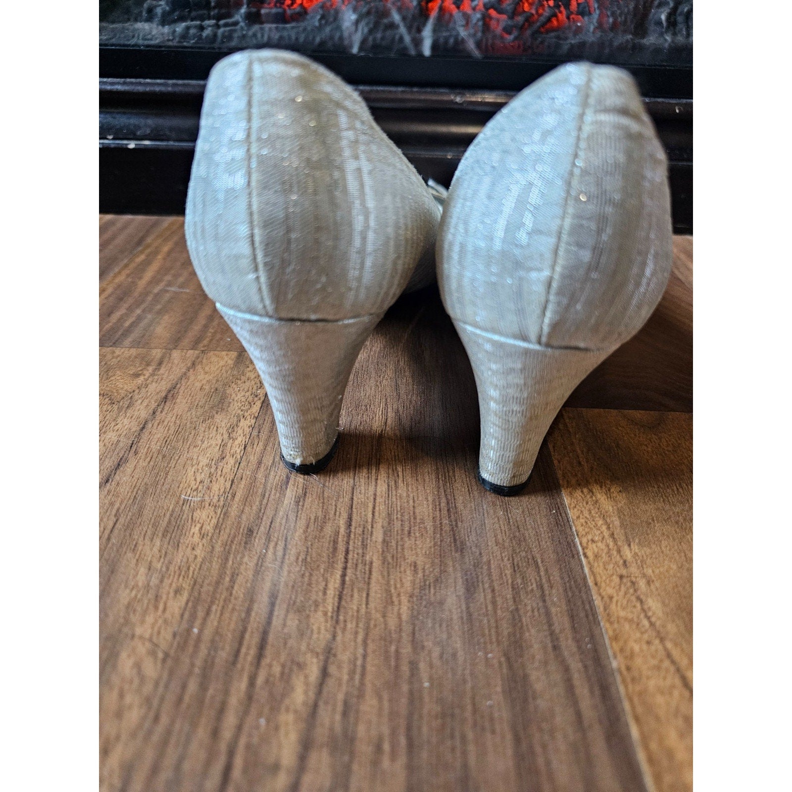 Vintage 1960s John David Denver Wedding Shoes Ivory Rhinestone Buckle Heels 7.5