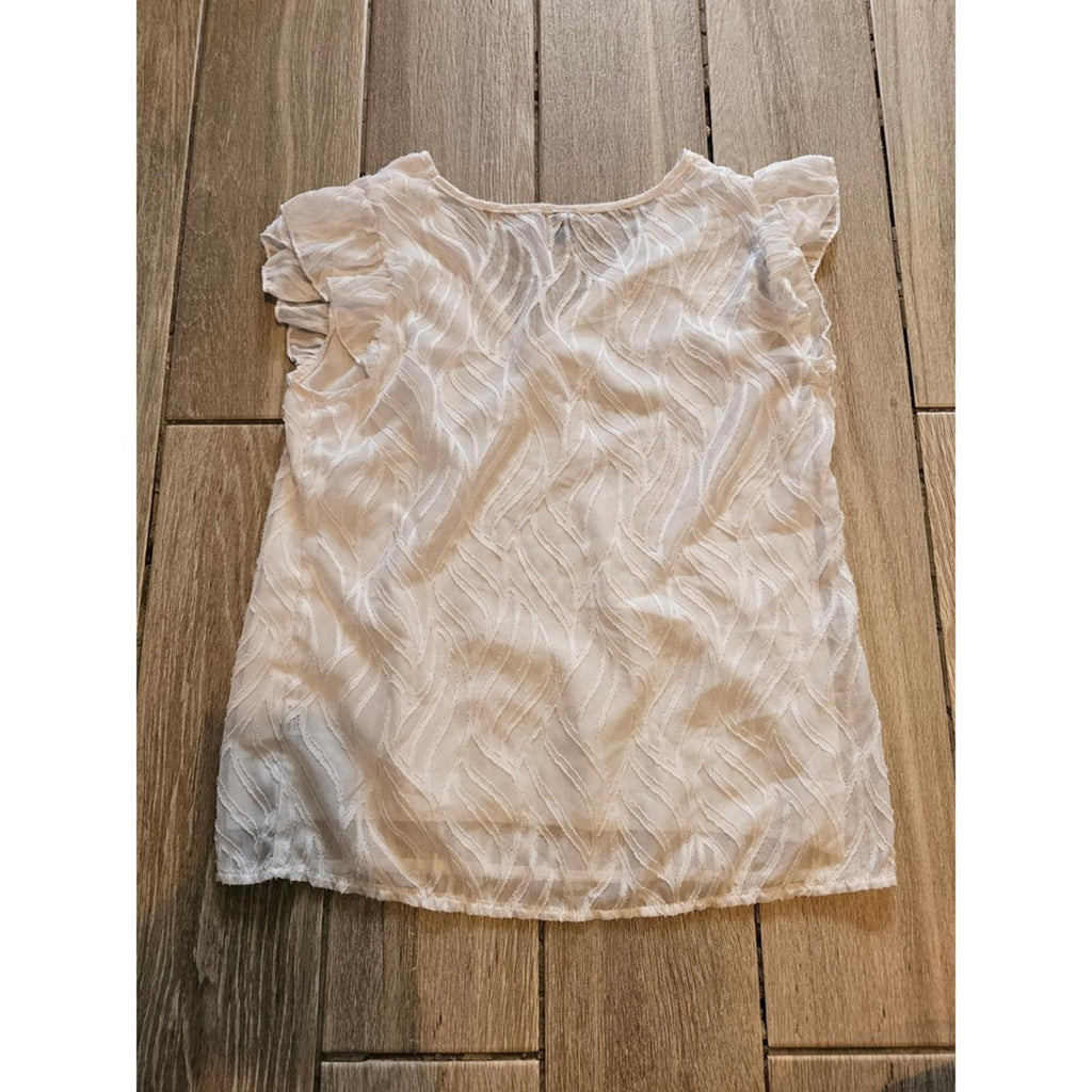 NiaY White Ruffle Sleeve V-neck Sheer Textured Blouse S