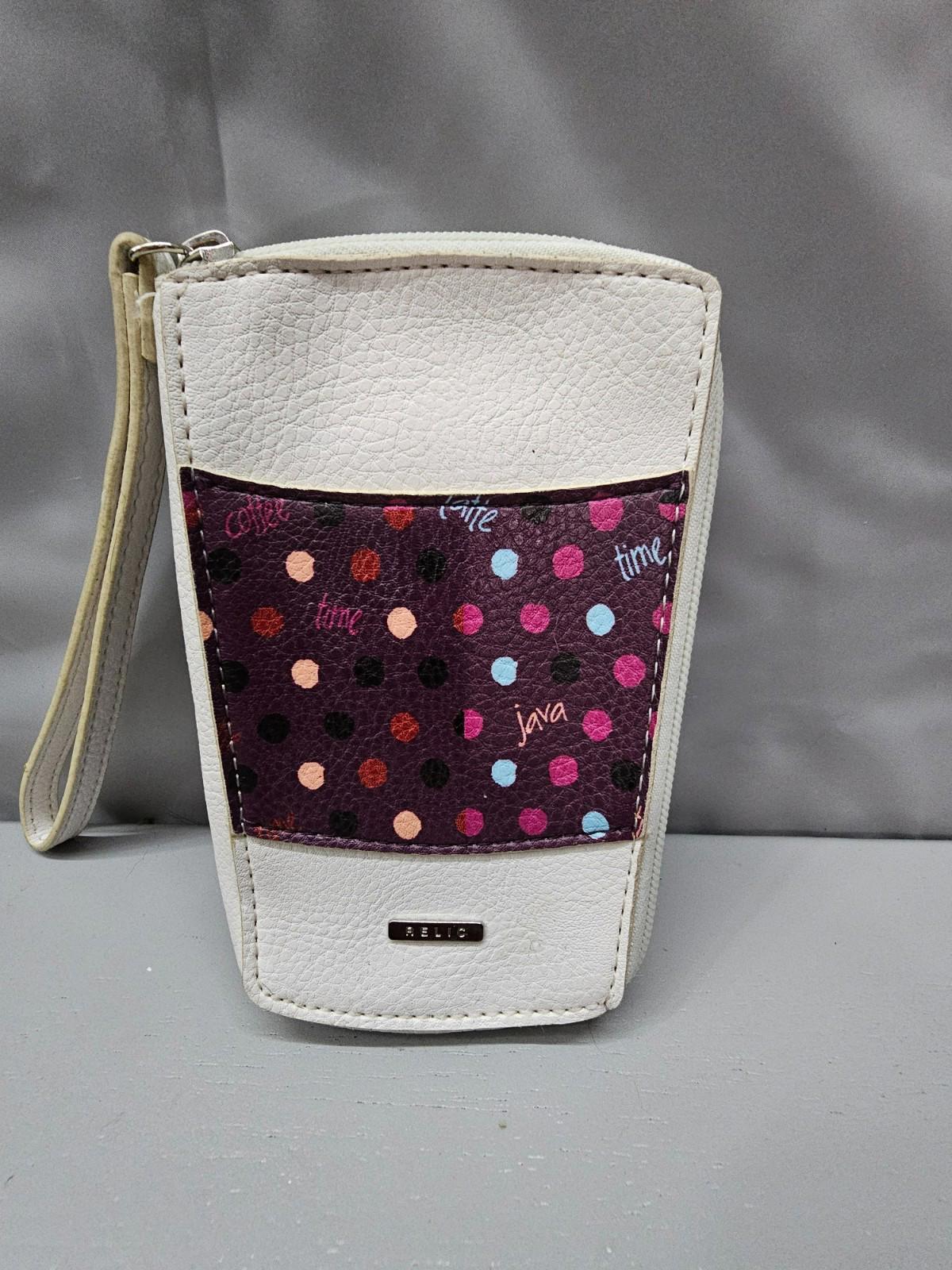 Relic by Fossil Wristlet “Coffee Time Java” Polka Dot Print, White Faux Leather
