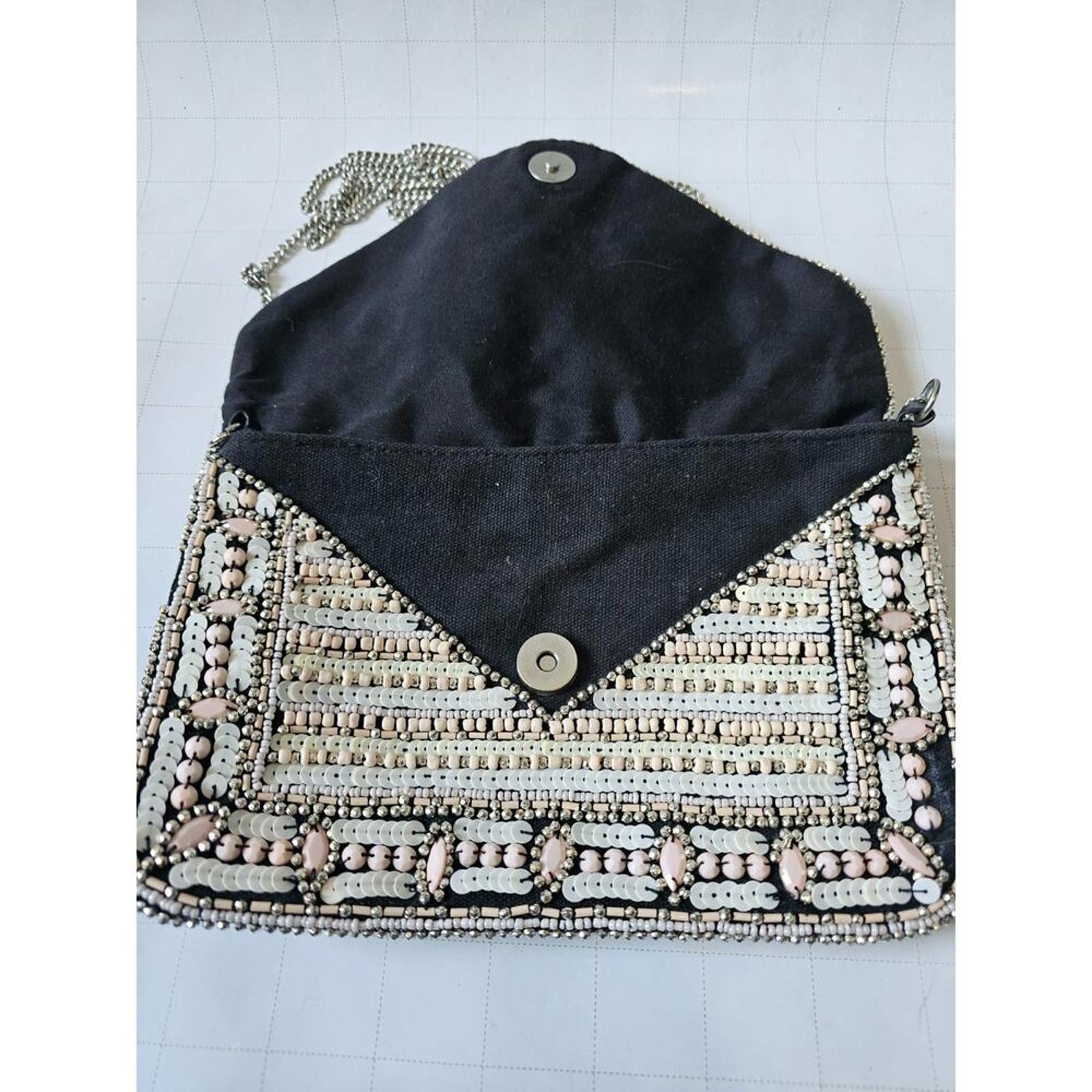 Beaded Clutch Purse Blush Ivory Metallic Sequins Foldover Bag Silver Chain