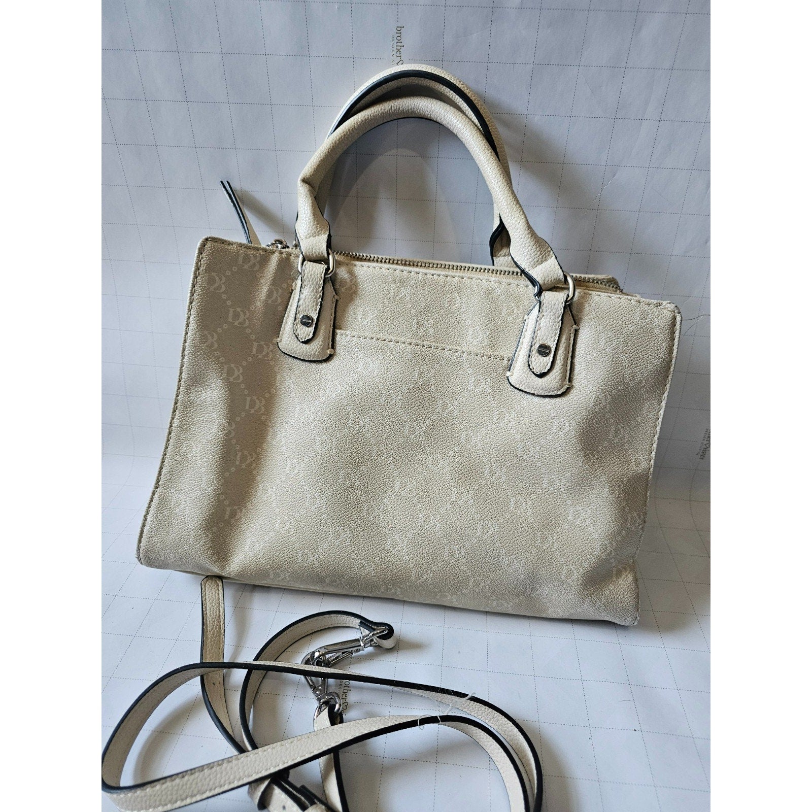 Dana Buchman Floral Print Satchel Tote Bag Cream Faux Leather DB Monogram