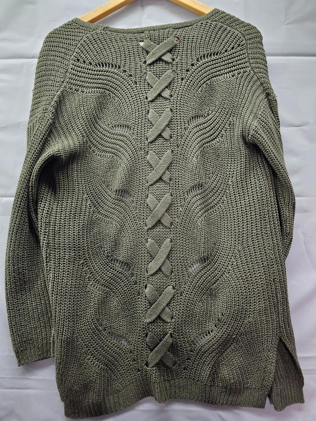 Pink Republic Olive Green Knit Cardigan Women Small Bow Back Open Front Sweater