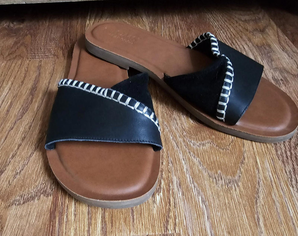 TOMS Shea Sandals Black Leather Suede Size 7 Womens Slip On