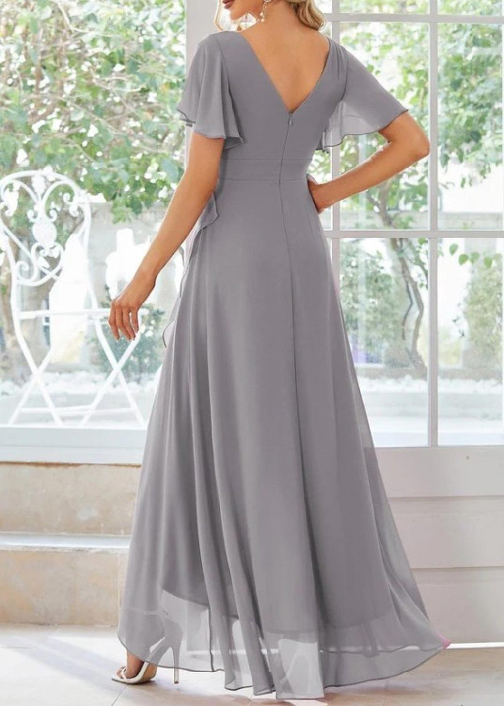 Ever Pretty Gray Chiffon Bridesmaid Dress 2XL US16 VNeck Ruffle Hem
