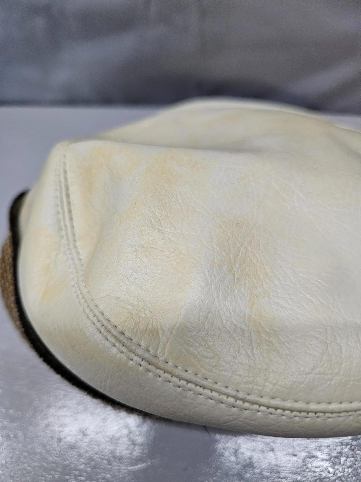 Vintage White Faux Leather Driving Cap Size 7 1/8 Plaid Panels & Bow Accent