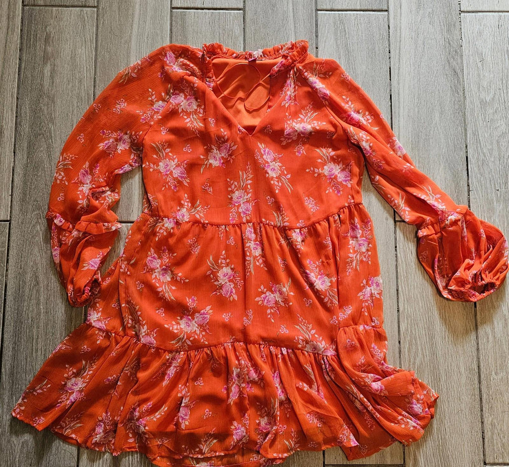 Vince Camuto Floral Tiered Split V-neck Dress Orange XS