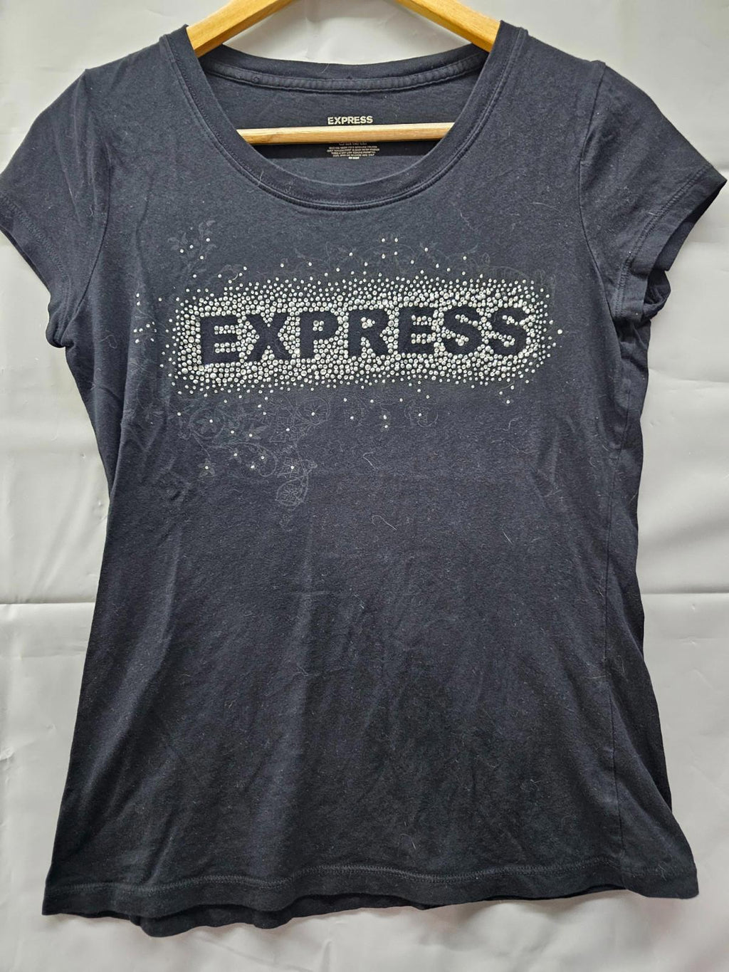 Express Rhinestone Logo T-Shirt Women's Medium Black Sparkle Graphic Tee