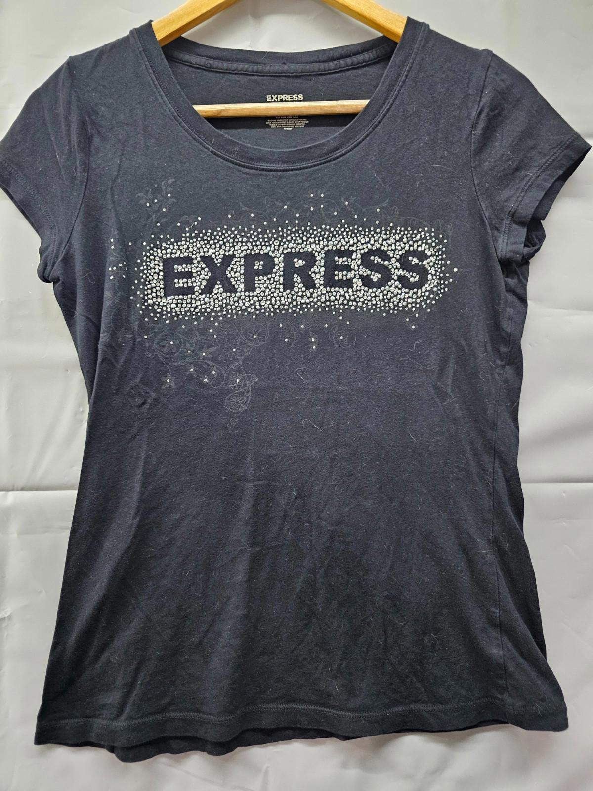 Express Rhinestone Logo T-Shirt Women's Medium Black Sparkle Graphic Tee