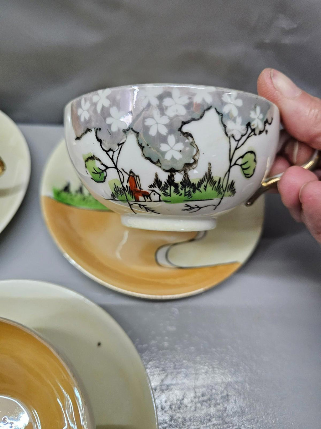 Vintage Hand Painted Japan Teacup Saucer Set of 4 Cottage Scene Nippon