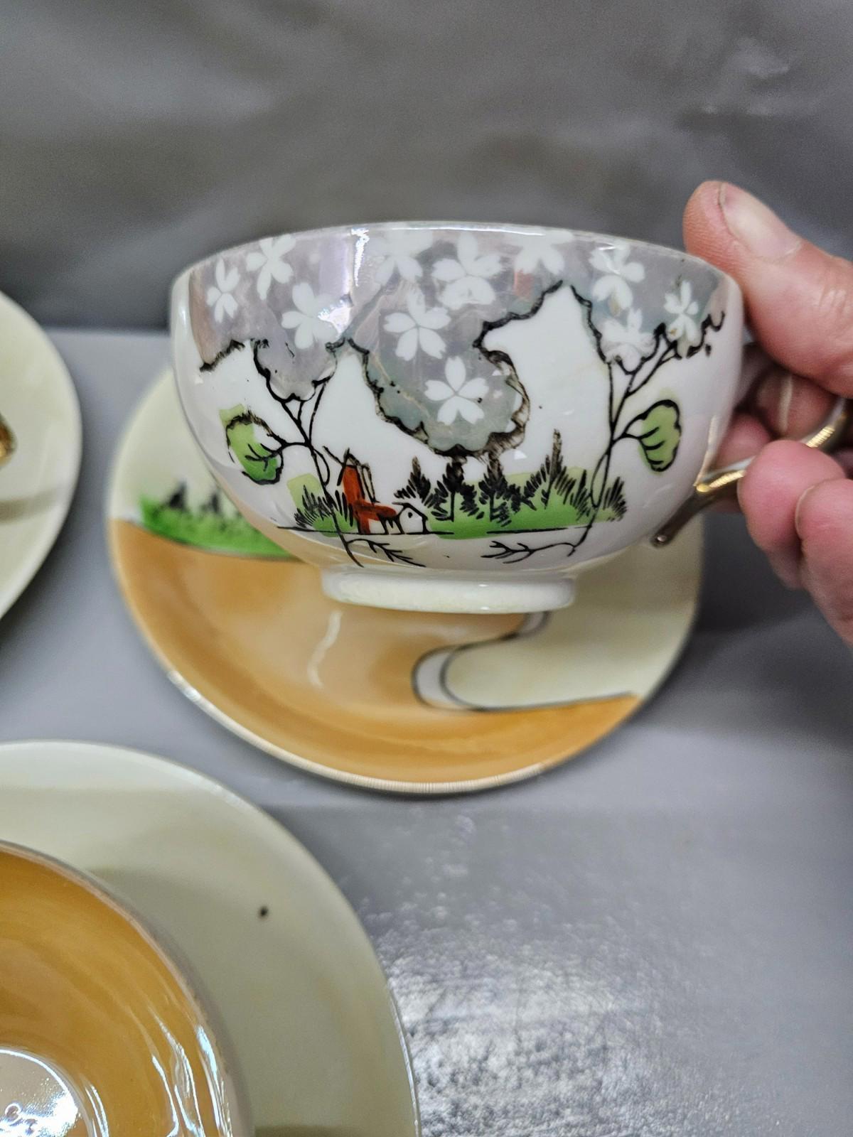 Vintage Hand Painted Japan Teacup Saucer Set of 4 Cottage Scene Nippon