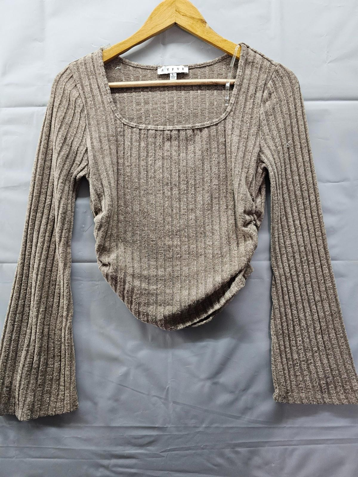 HYFVE Women’s Ribbed Knit Sweater Top Taupe Long Sleeve Ruched Size Large