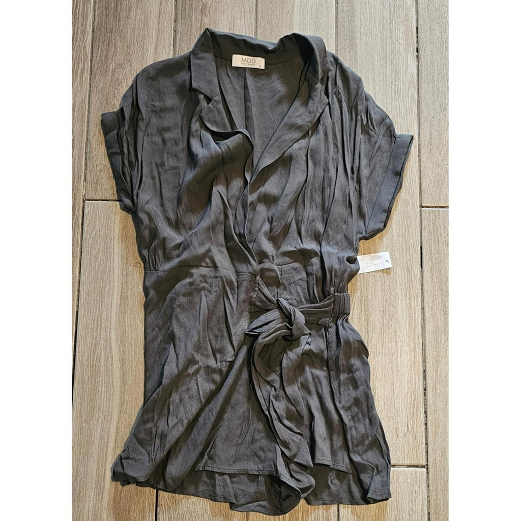 Mod On Trend Charcoal Gray Tie Waist Romper Women's M NWT
