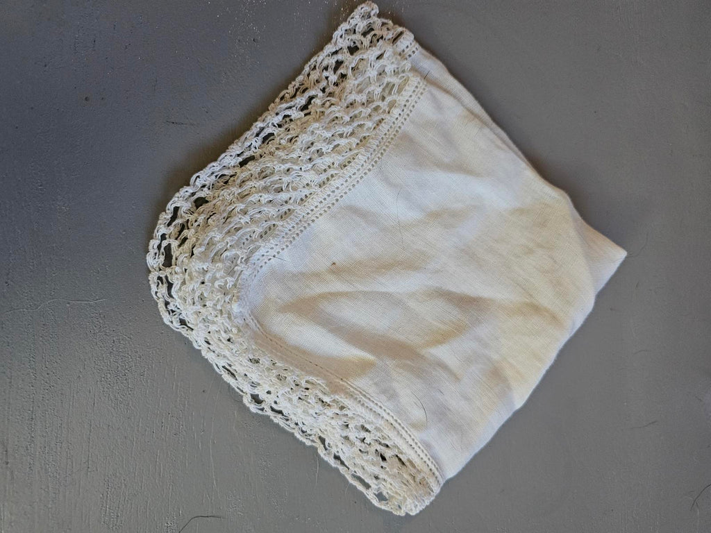 Vintage Linen Handkerchief with Crochet Lace Trim Antique Off White