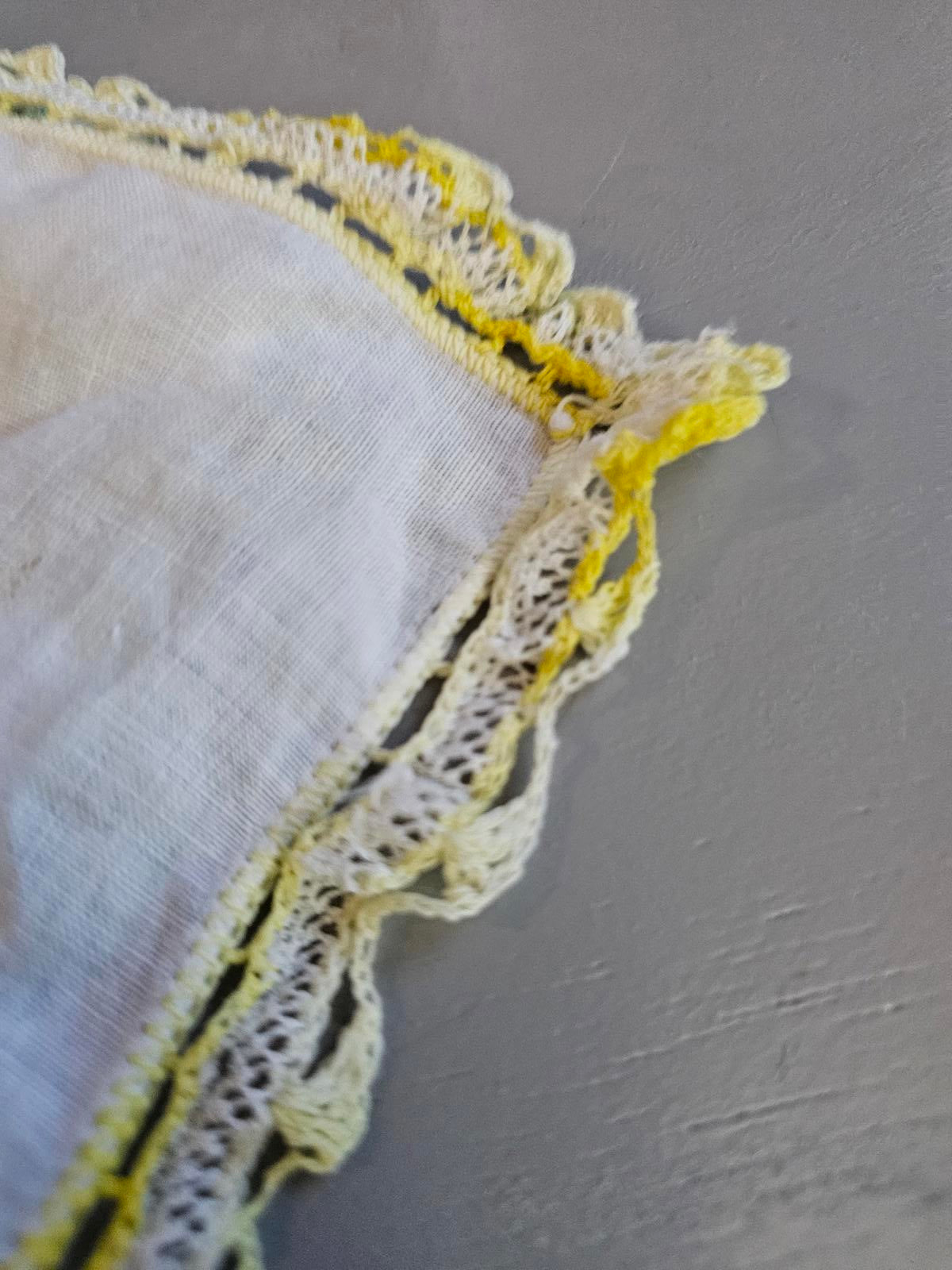 Vintage Hand Crochet Lace Hankies Set of 4 White Linen with Yellow Green Edging