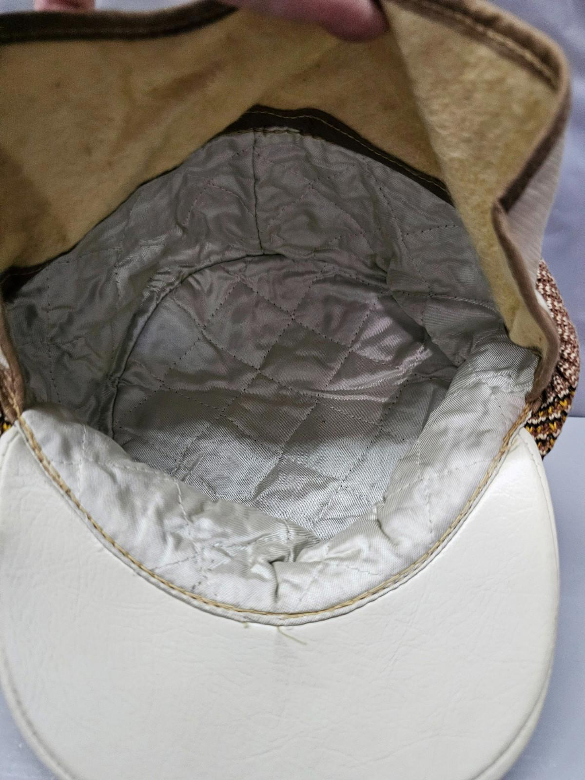 Vintage White Faux Leather Driving Cap Size 7 1/8 Plaid Panels & Bow Accent