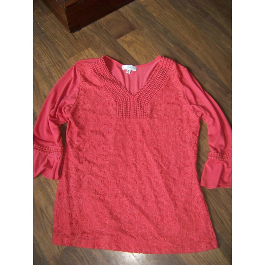 Shannon Ford NY Coral Lace Front Tunic Top Womens M Boho Chic