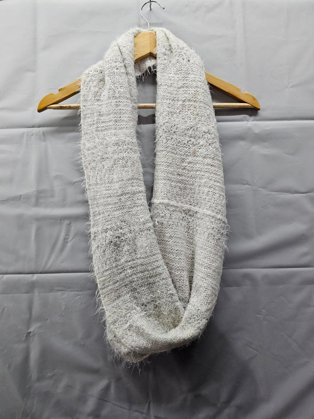 White Fuzzy Infinity Scarf Soft Knit Acrylic Blend with Silver Thread