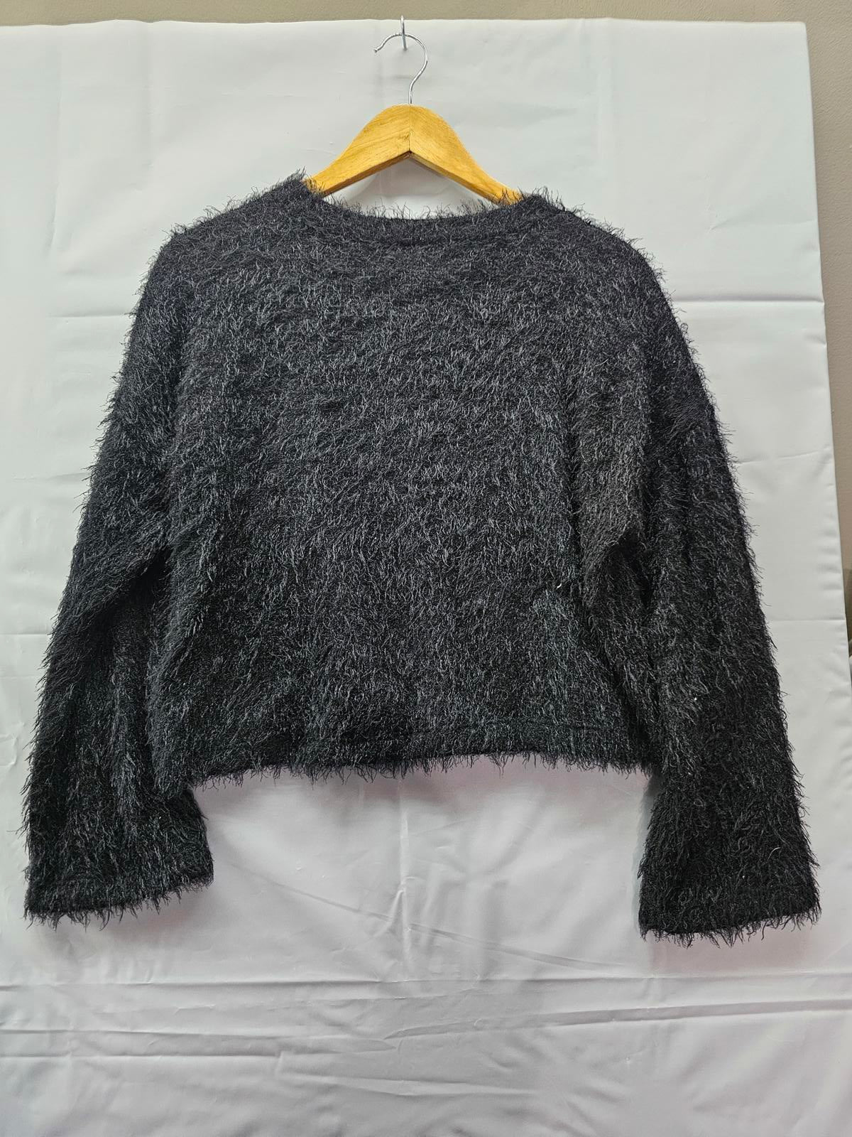 Mod On Trend Black Fuzzy Eyelash Knit Sweater Soft Long Sleeve Women's Medium