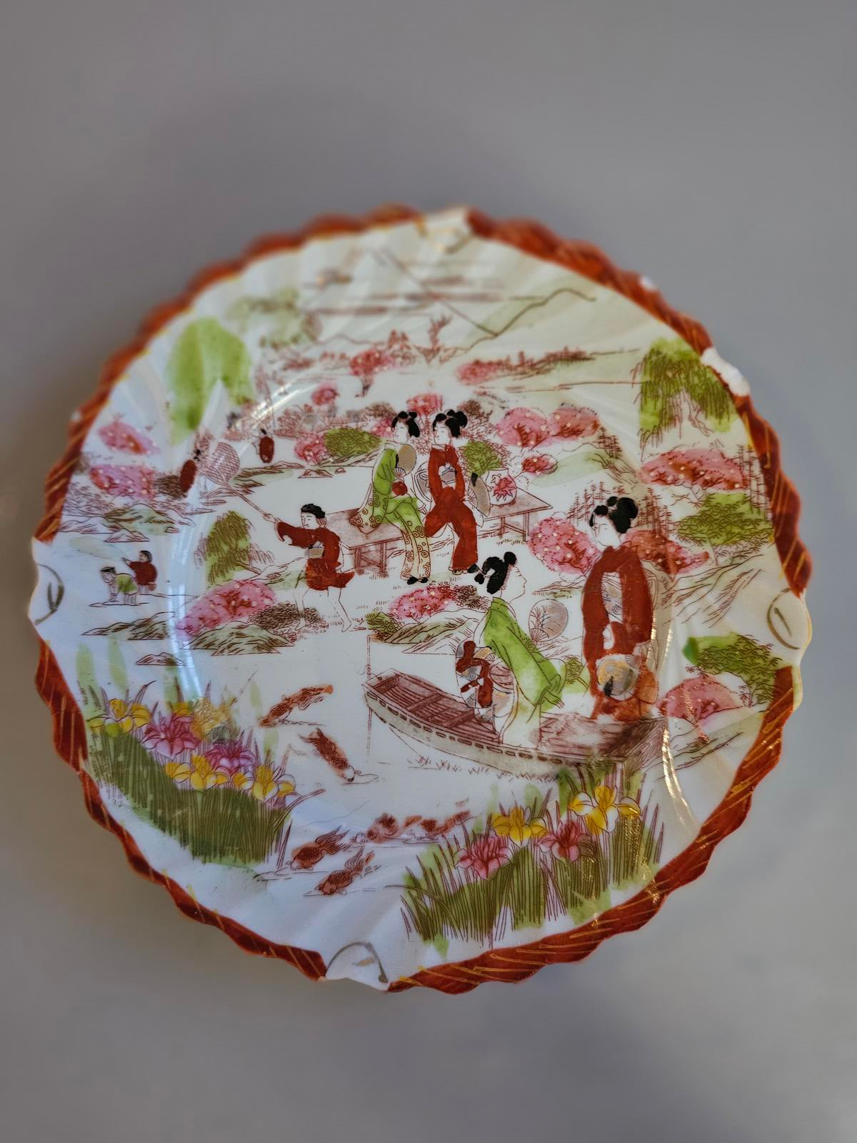 Vintage Japanese Decorative Plate 7in Hand Painted Geisha Scene Floral Rim