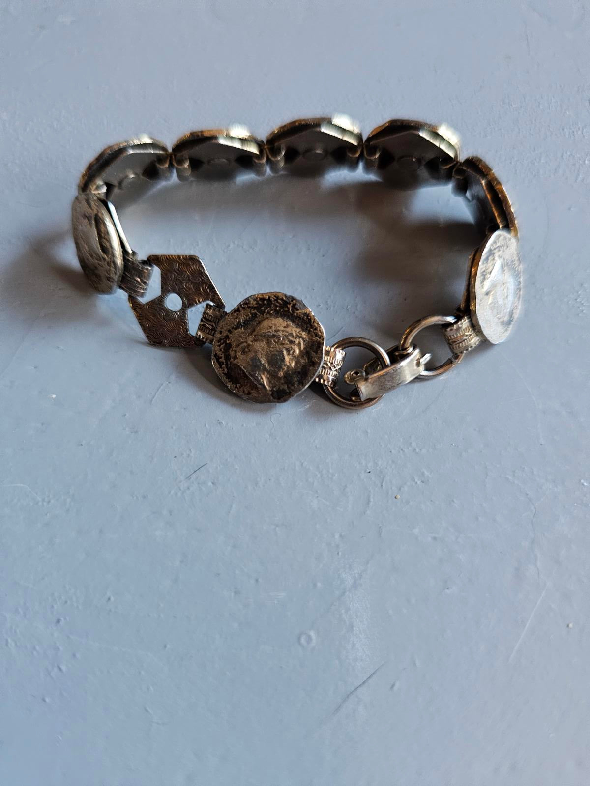 Vintage Silver-Tone Coin Link Bracelet Roman Head Design Patina Finish