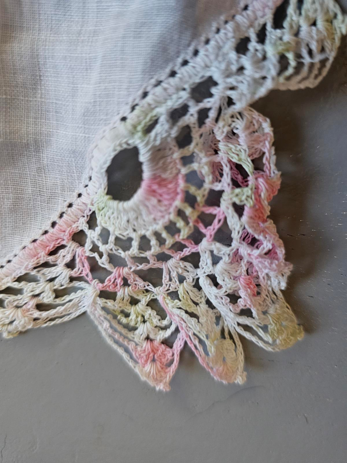 Vintage Handkerchief with Pastel Crochet Lace Trim Handcrafted Linen Hanky