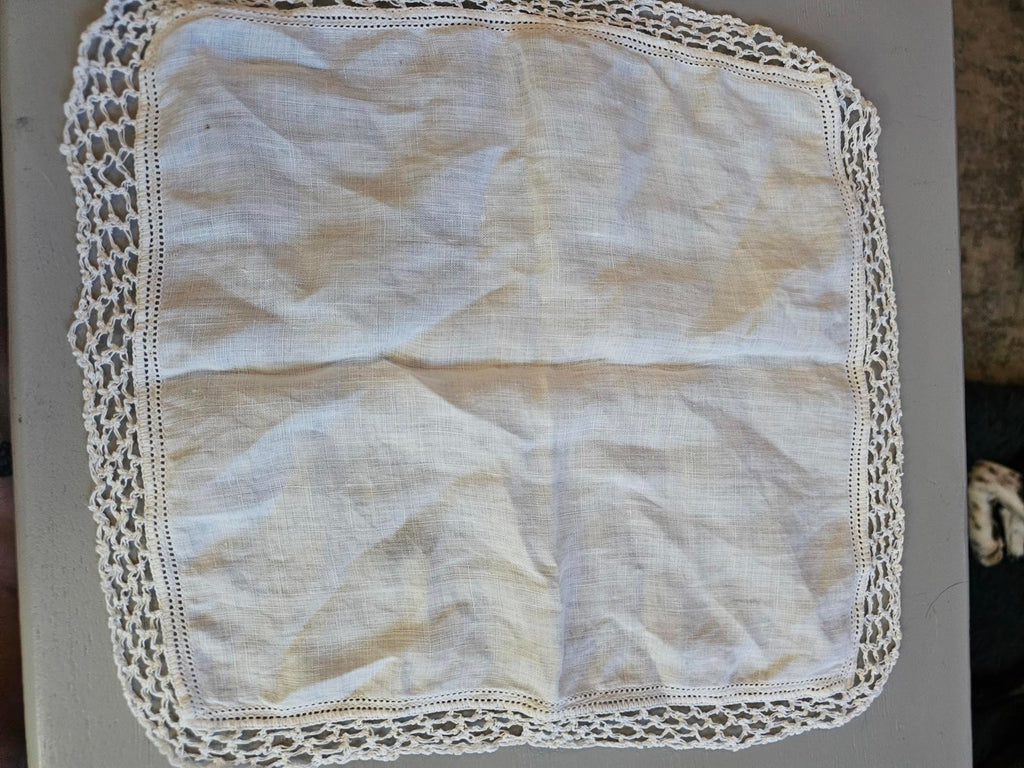 Vintage Linen Handkerchief with Crochet Lace Trim Antique Off White