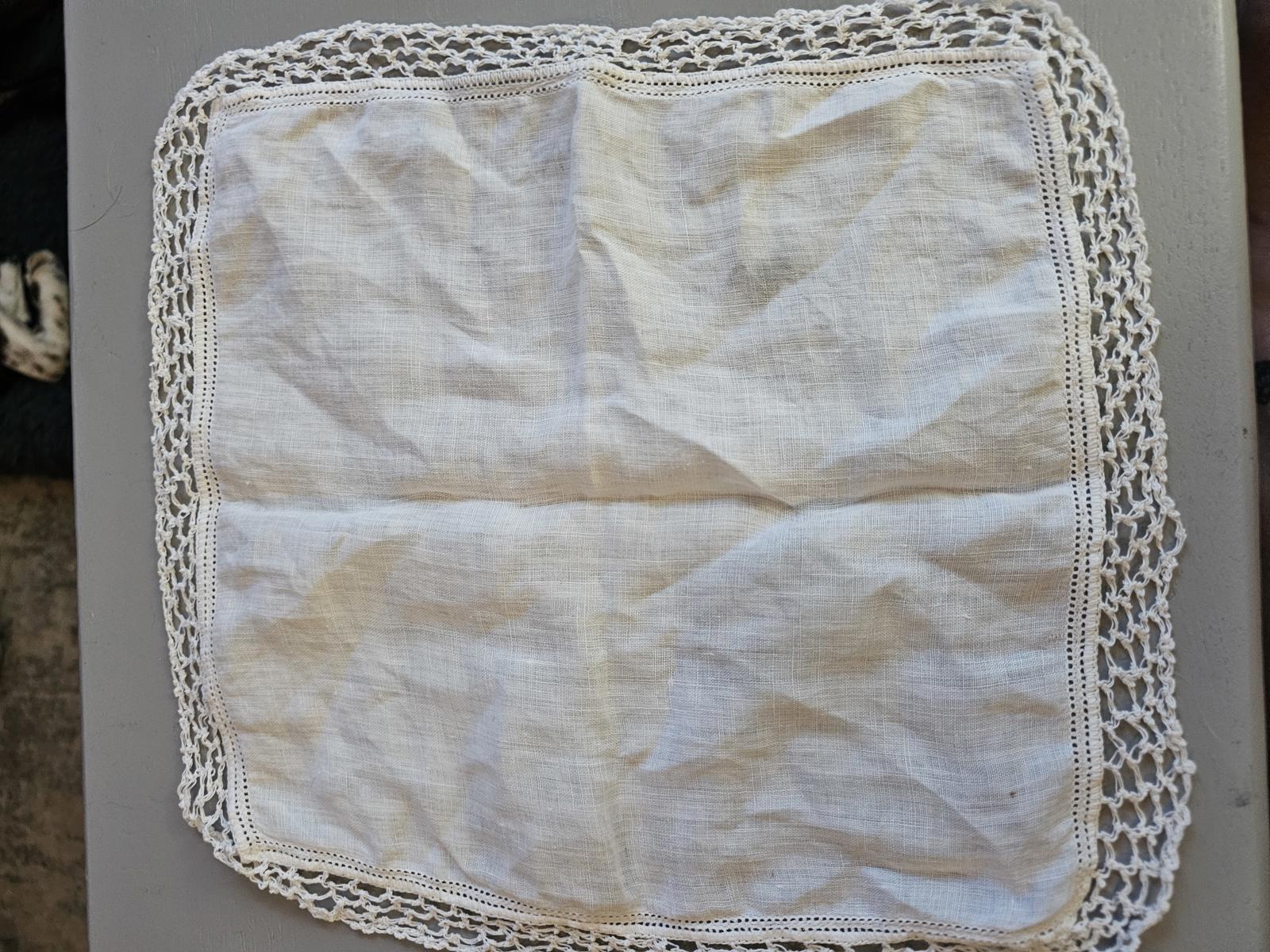 Vintage Linen Handkerchief with Crochet Lace Trim Antique Off White