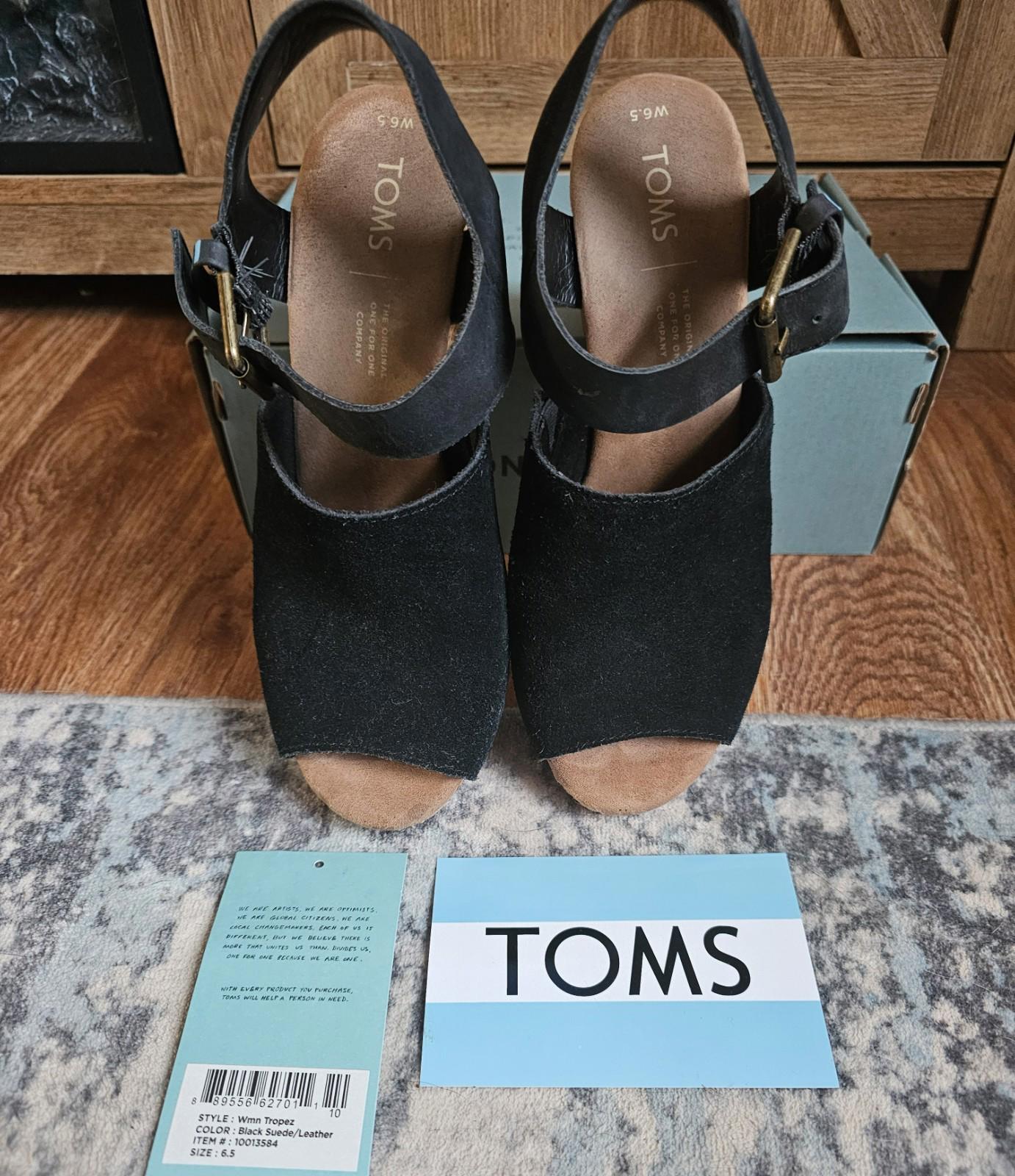 TOMS Womens Tropez Wedge Sandals Black Suede Leather Size 6.5