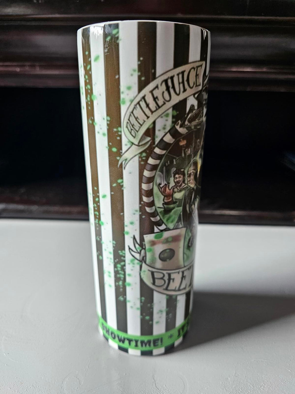 Custom 20oz Beetlejuice Tumbler – It’s Showtime Design, As-Is Blurry Print