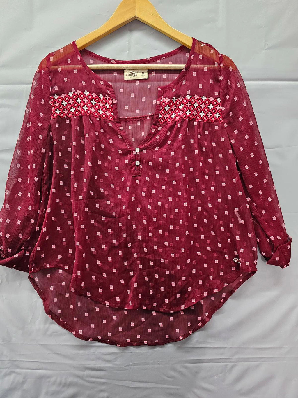 Hollister Burgundy Sheer Boho Blouse Embroidered Yoke Long Sleeve Women's Medium