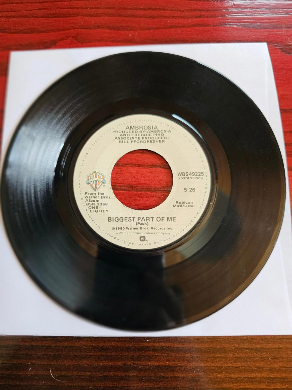 Rock 45 Ambrosia - Biggest Part Of Me / Livin' On My Own On Warner Bros Records