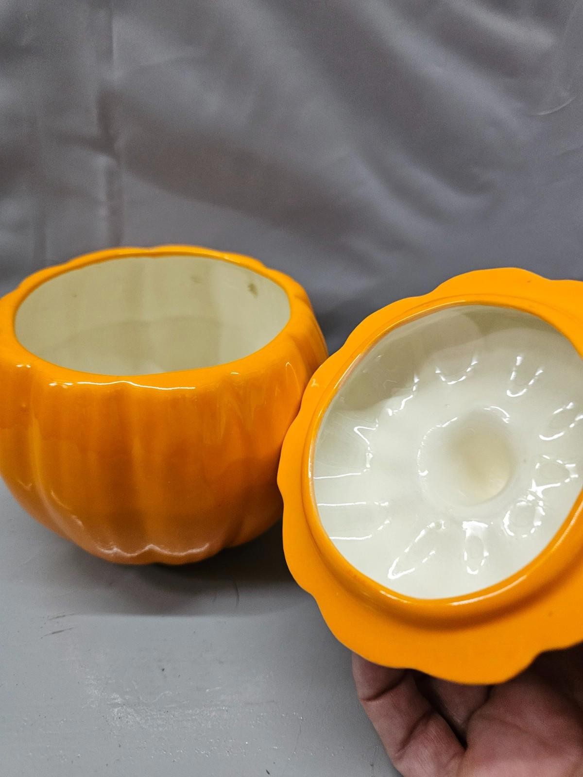 Ceramic Pumpkin Jar with Lid Orange Green Stem Fall Kitchen Decor