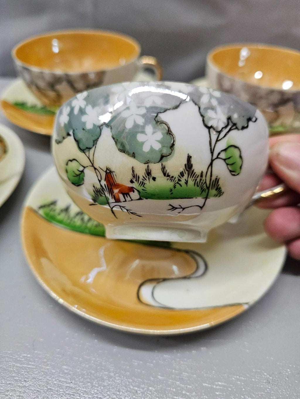 Vintage Hand Painted Japan Teacup Saucer Set of 4 Cottage Scene Nippon