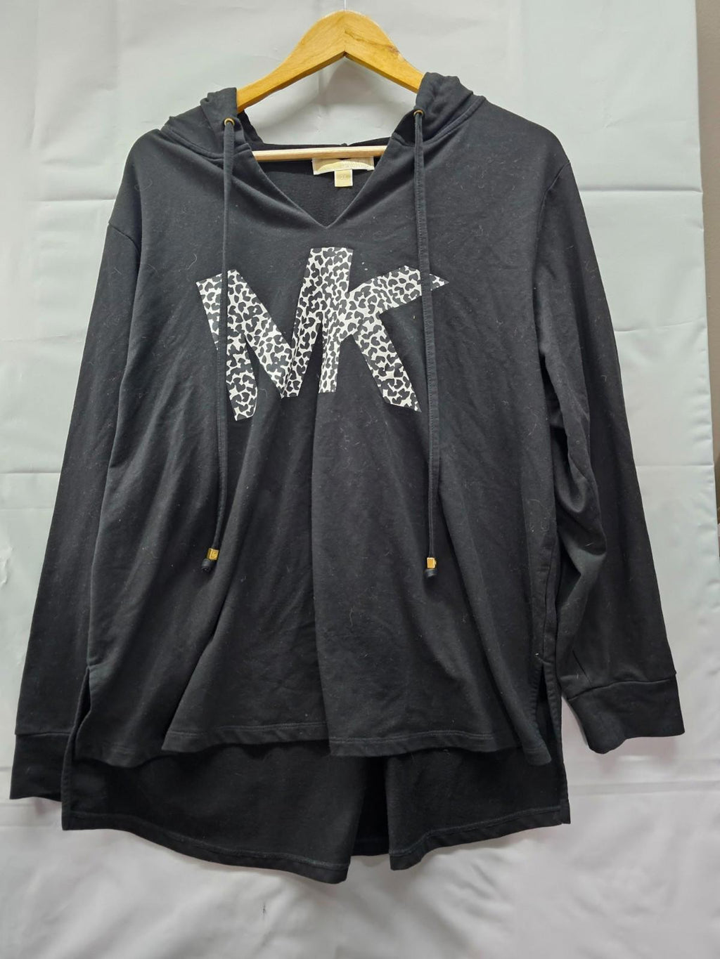 Michael Kors Black Hoodie 2X Leopard Print MK Logo Lightweight Pullover