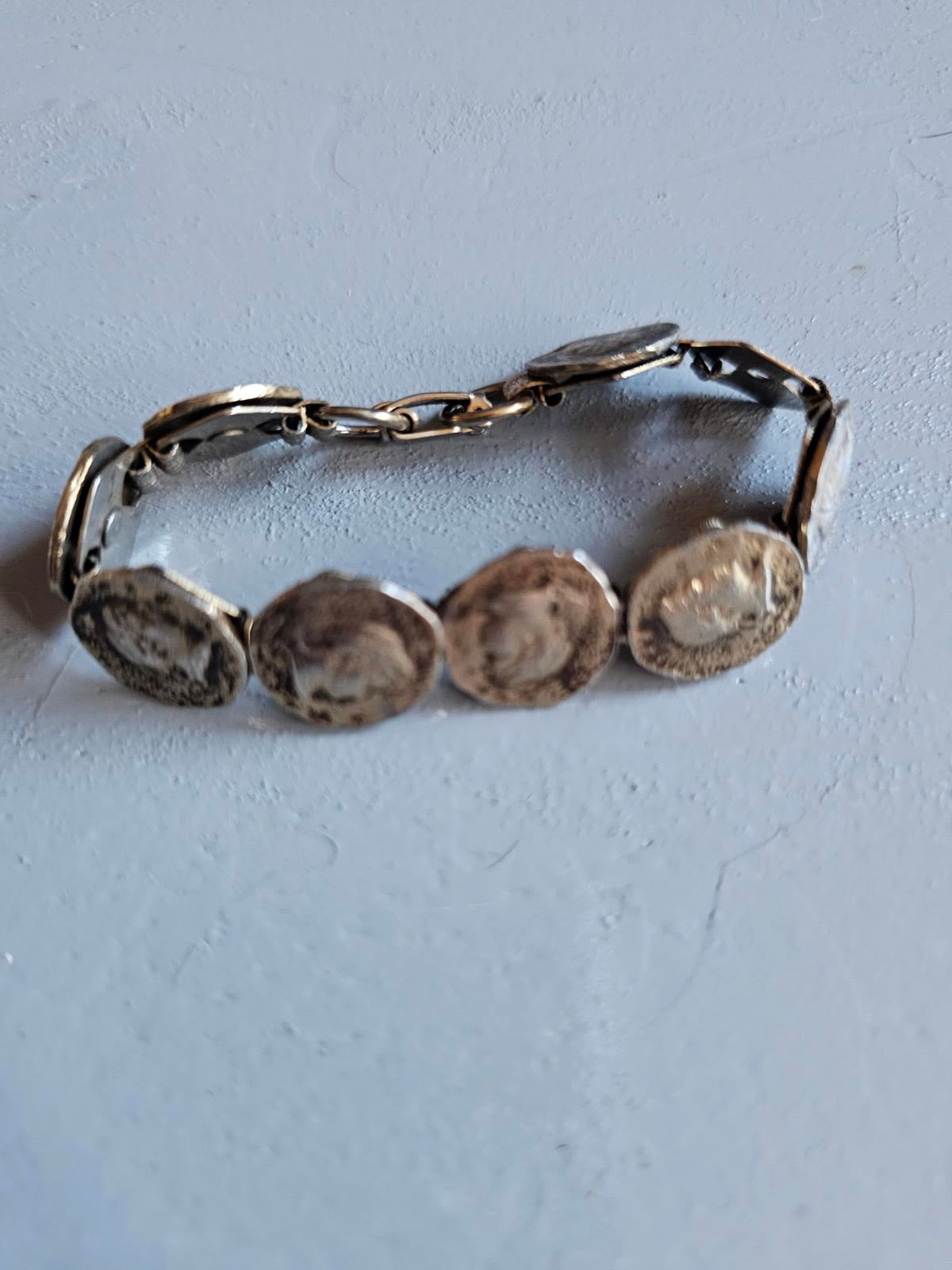 Vintage Silver-Tone Coin Link Bracelet Roman Head Design Patina Finish