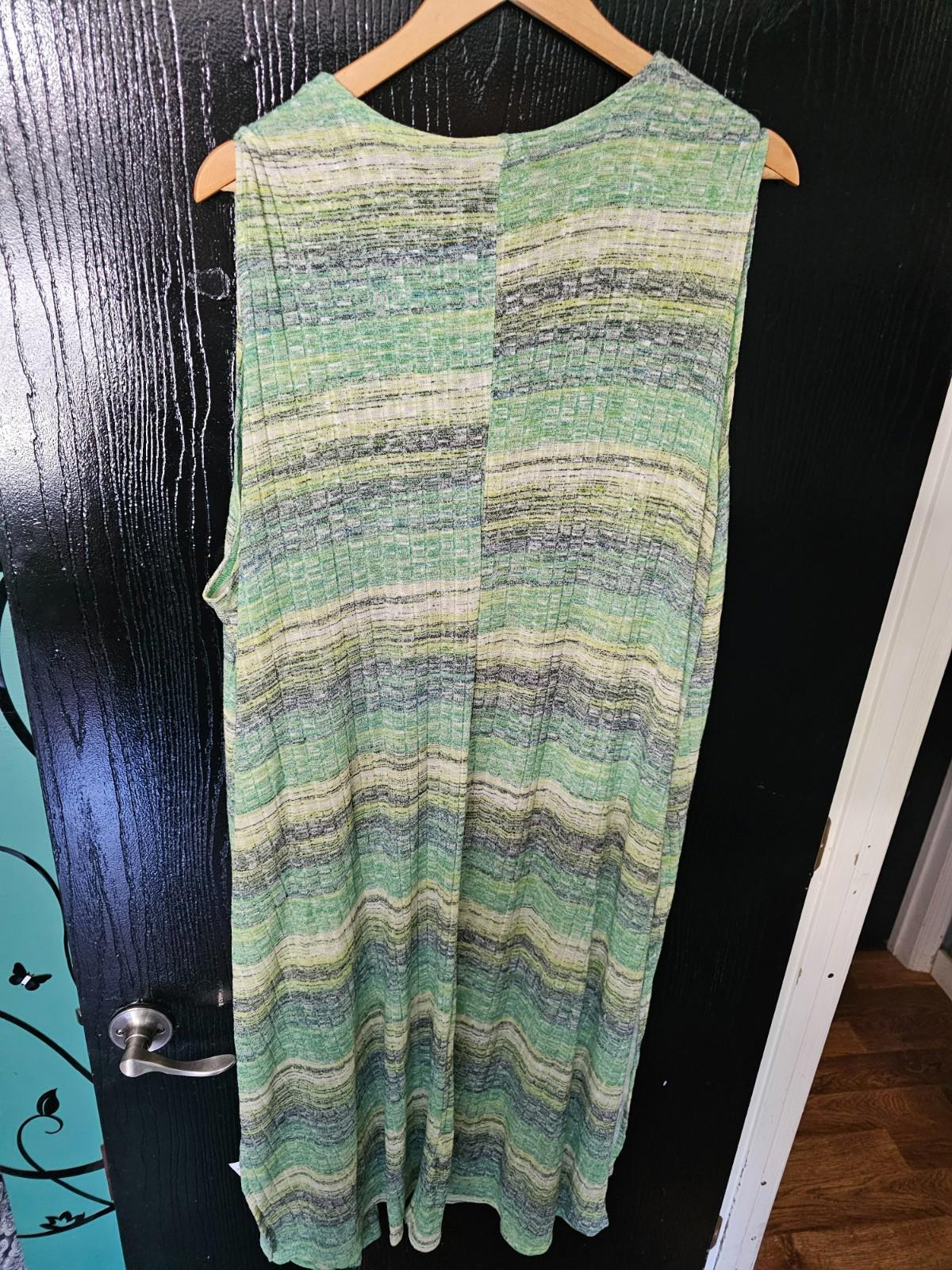 LuLaRoe Long Duster Vest Green & Yellow Striped Open Front Women’s XL