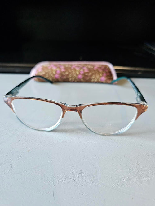 A.J. Morgan+1.25 Reading Glasses Clear & Rose Frame w/ Teal Arms Case Included