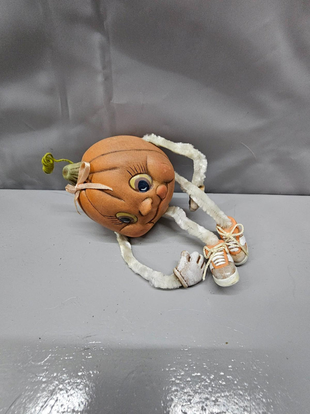 Pumpkin Head Doll Plush Legs Sneakers Whimsical Halloween Decor